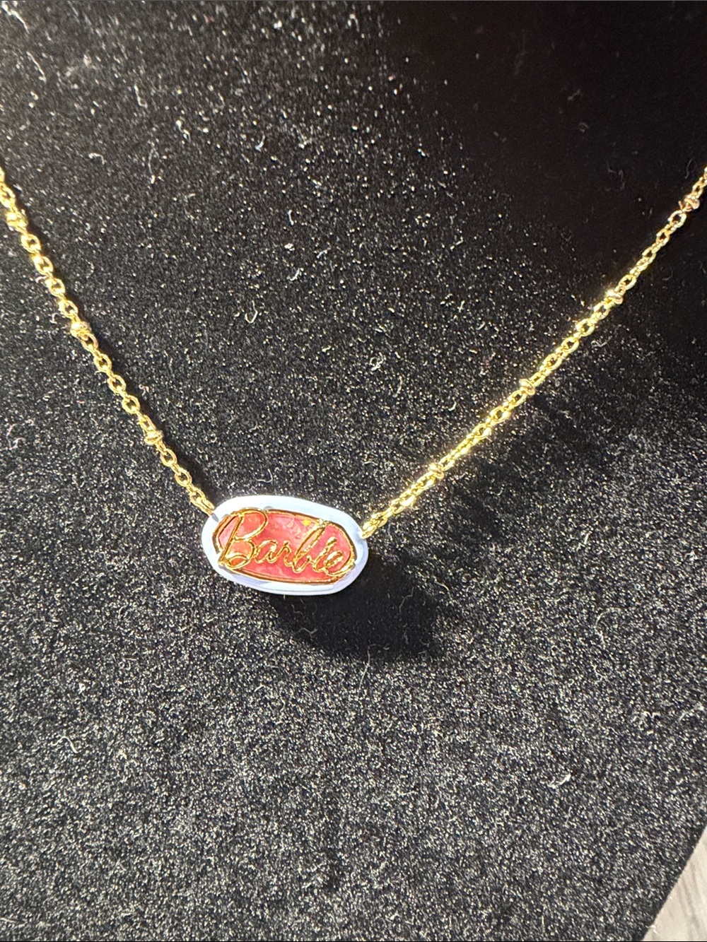 Barbie Gold Script Logo Necklace with Pink Enamel
